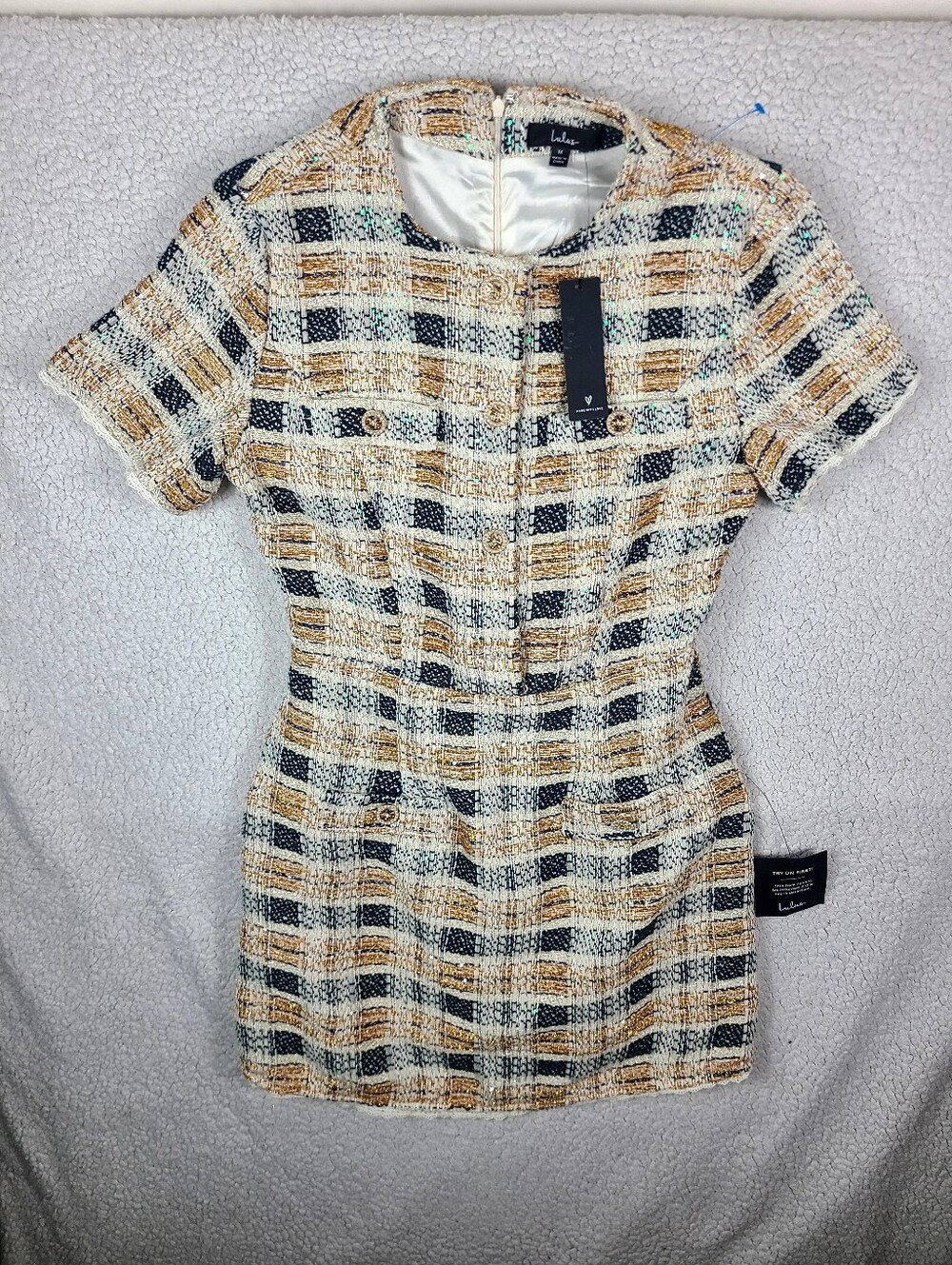 NWT Lulus Uniquely Posh Tweed Sequin Lurex Mini Dress M